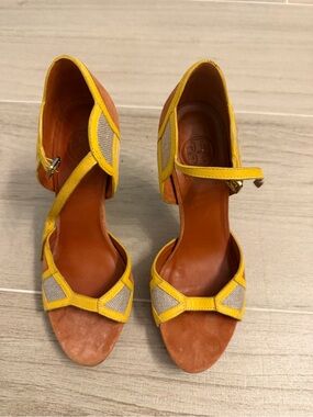 Tory Burch Yellow Leather and Suede Sole Ankle-Strap Heels